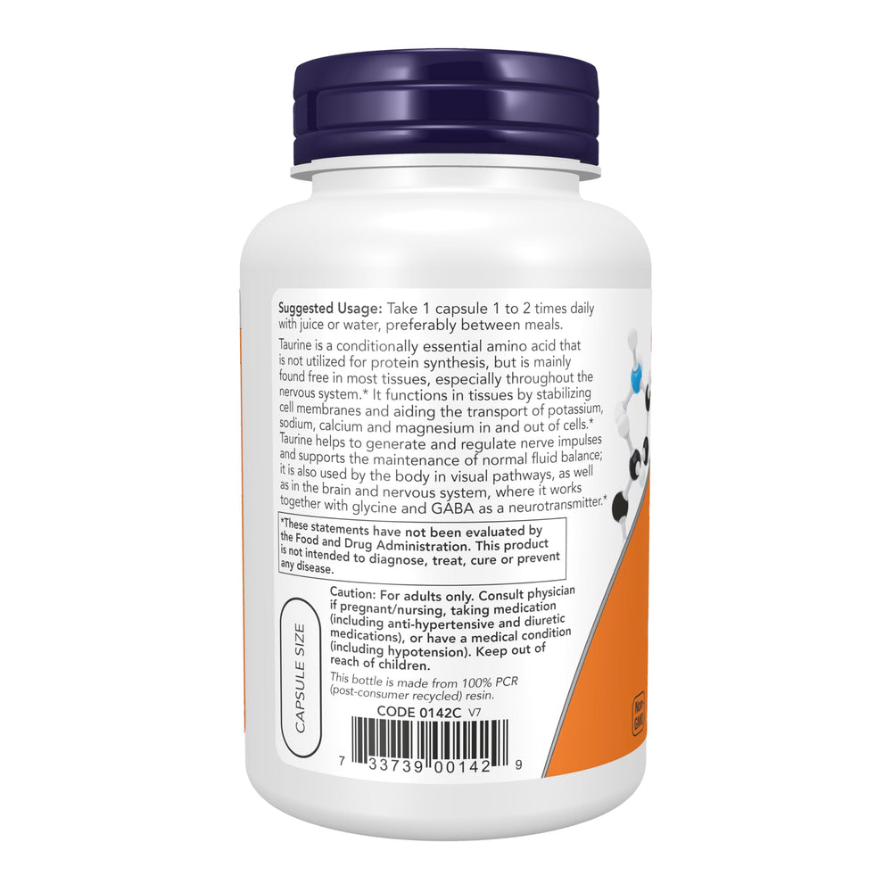NOW Foods Taurine 1000 mg packaging front highlighting vegan capsules.