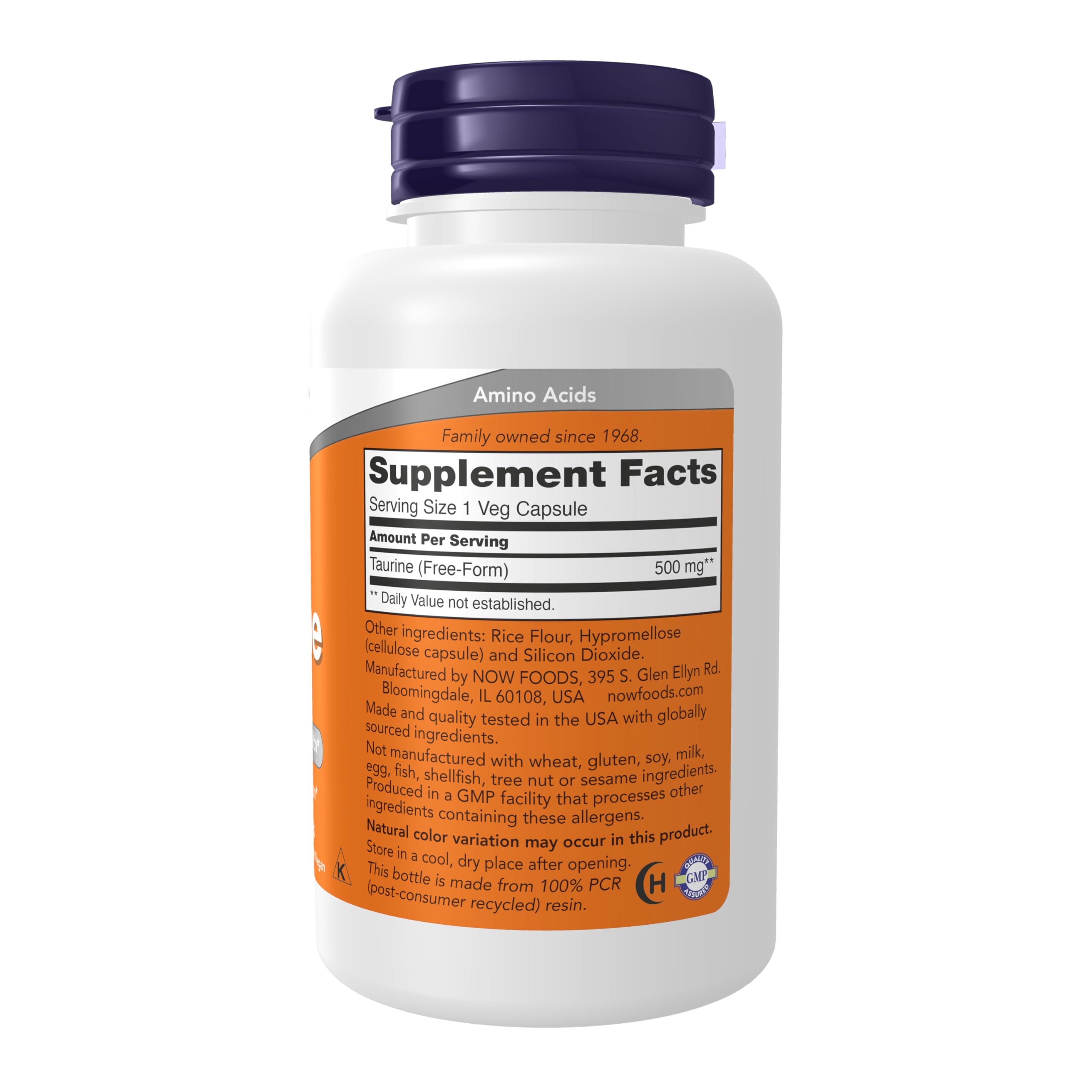 NOW Foods Taurine capsule bottle front for daily wellness.