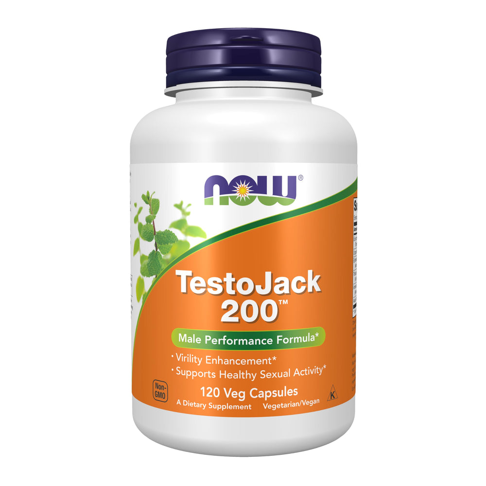 NOW Foods TestoJack 200 bottle front — herbal blend aimed at vitality and healthy sexual activity.