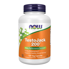 NOW Foods TestoJack 200 bottle front — herbal blend aimed at vitality and healthy sexual activity.