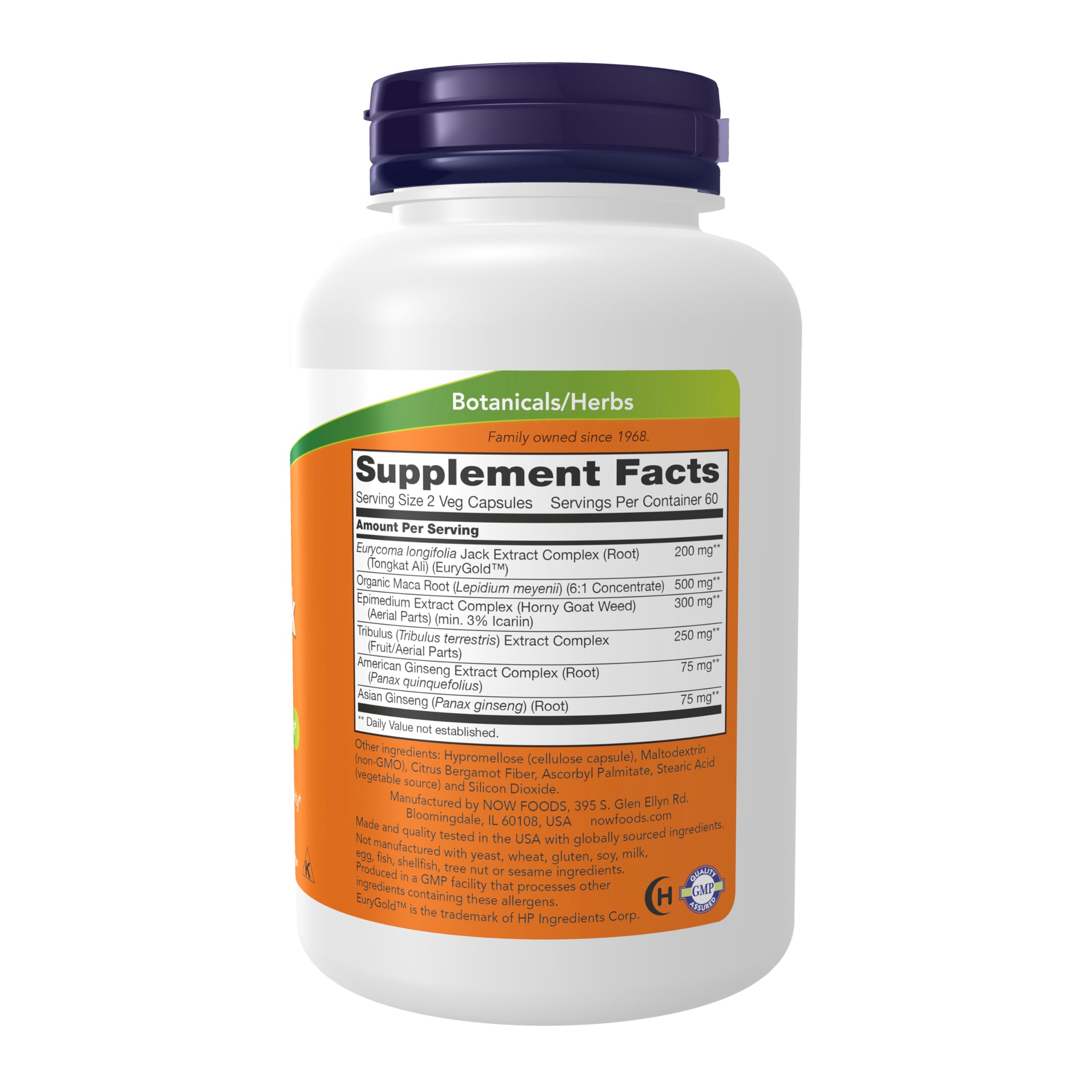 NOW Foods TestoJack 200 label close-up, showcasing tongkat ali, tribulus, maca, and horny goat weed.