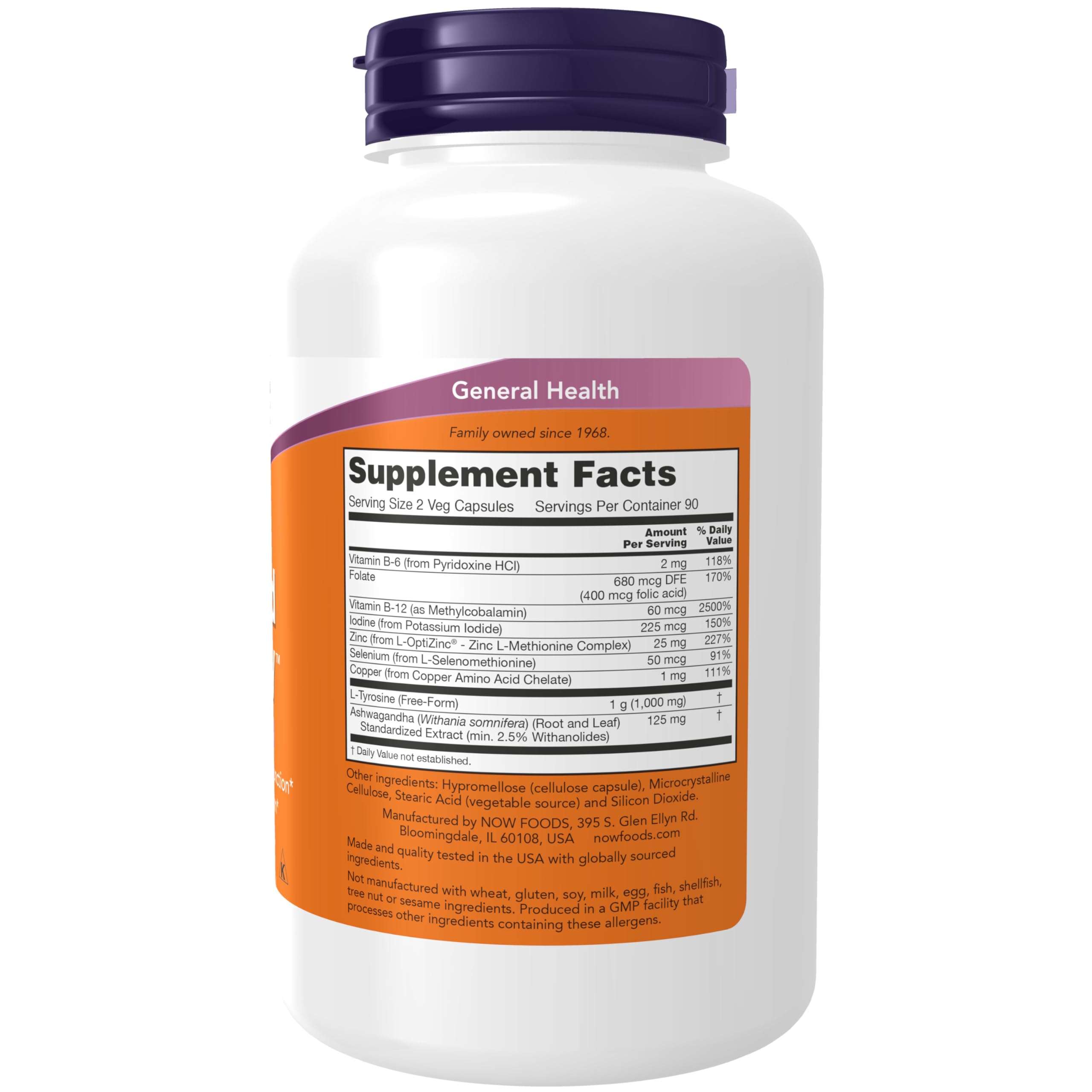 NOW Foods Thyroid Energy capsules on a clean label highlighting iodine and tyrosine.