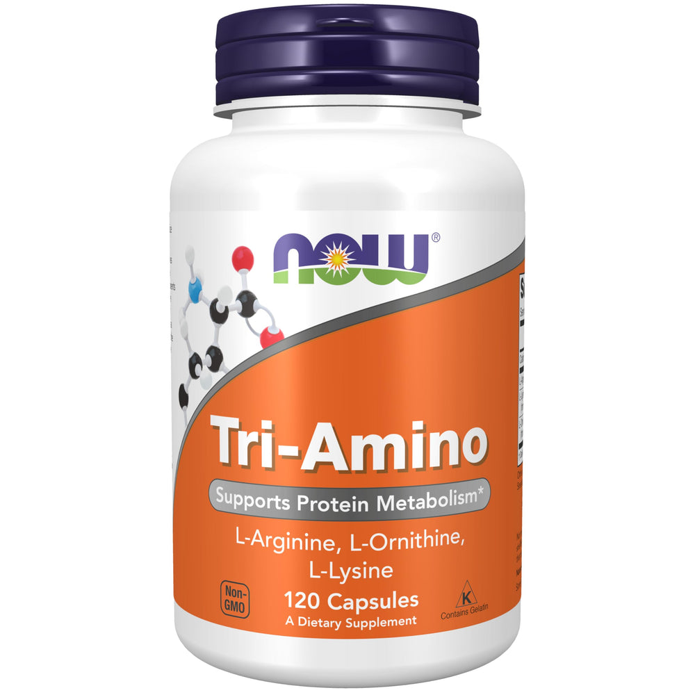 NOW Foods Tri-Amino capsules in a bottle support convenient daily protein metabolism.