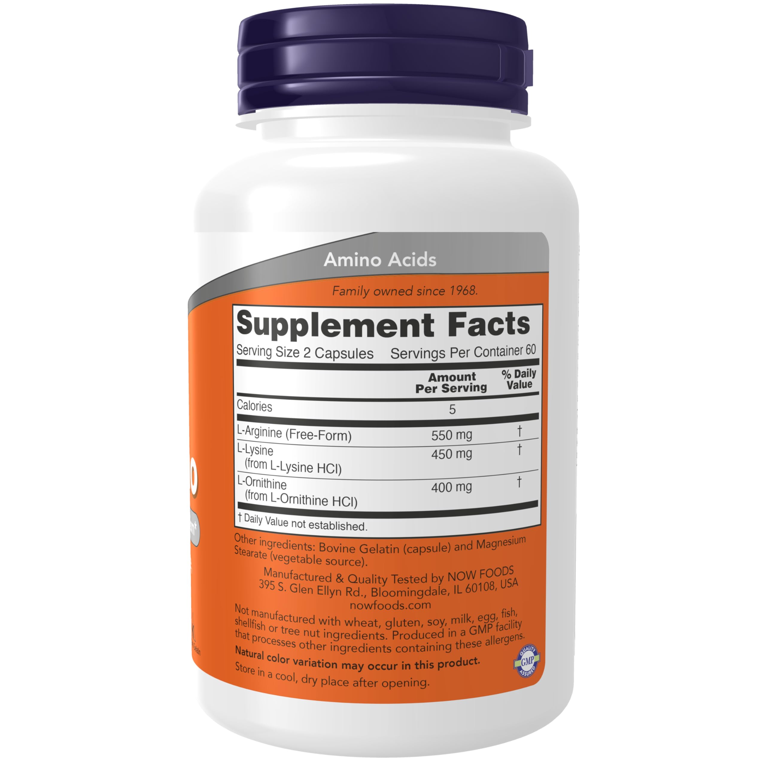 NOW Foods Tri-Amino label details highlight L-Arginine, L-Ornithine, and L-Lysine benefits.