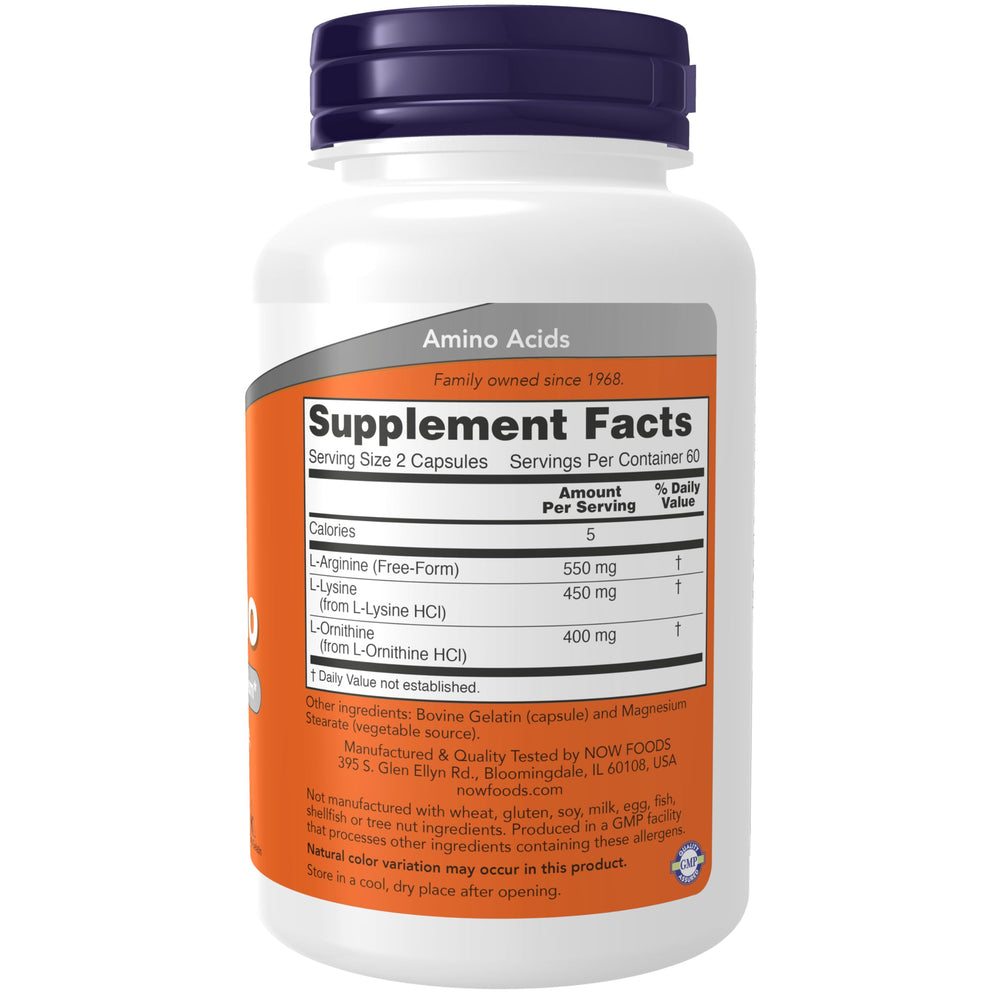 NOW Foods Tri-Amino label details highlight L-Arginine, L-Ornithine, and L-Lysine benefits.