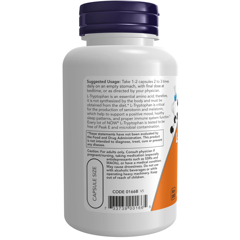 NOW Foods L-Tryptophan bottle front label emphasizes key supplement details.