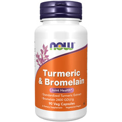 NOW Foods Turmeric & Bromelain bottle front showing standardized extract for joint support.