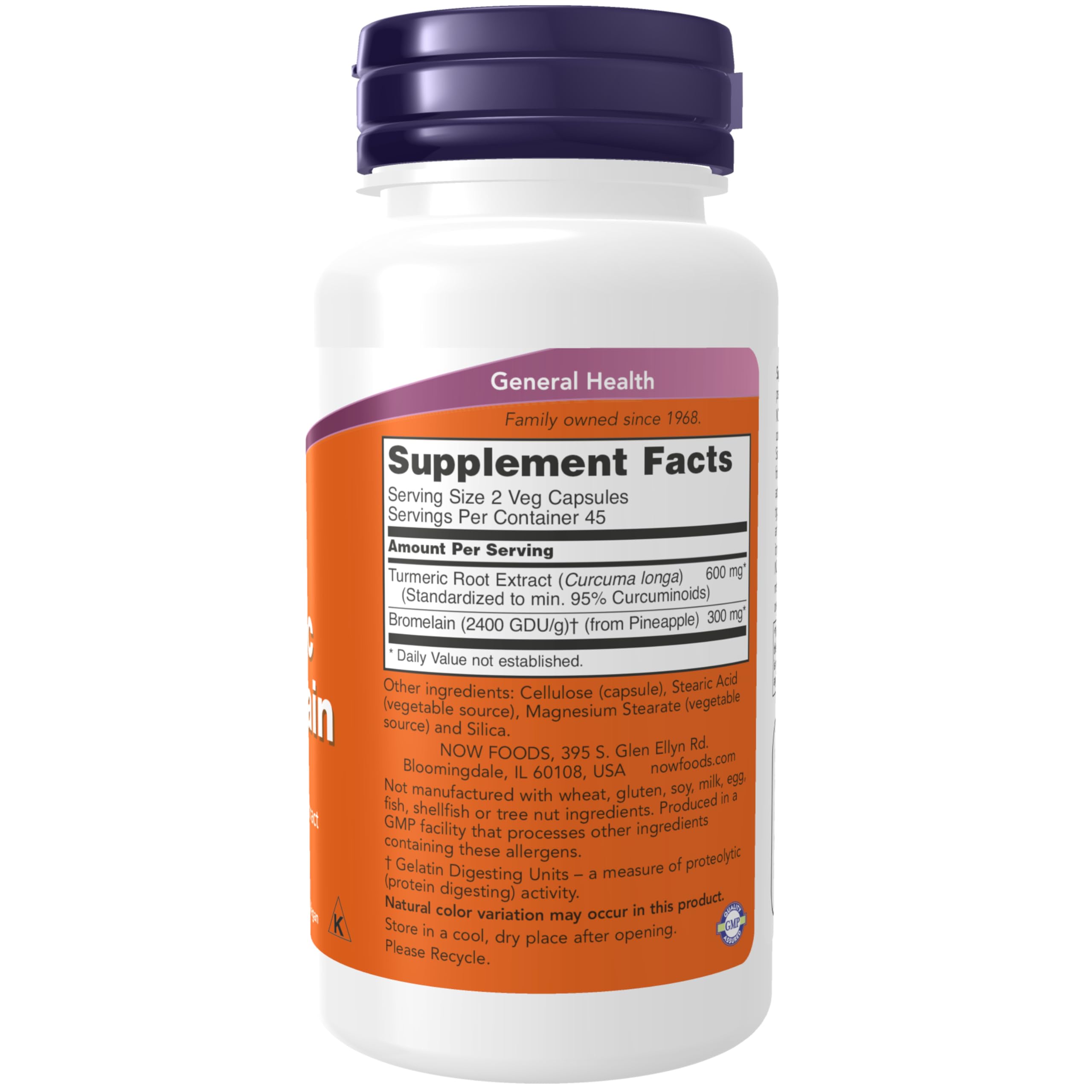 NOW Foods capsules closeup highlighting bromelain content and easy daily use.