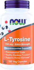 NOW Foods L-Tyrosine 750 mg bottle with capsules for daily mental alertness support