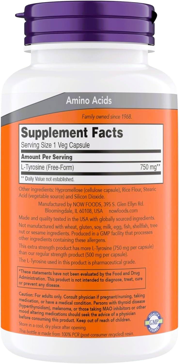 NOW Foods L-Tyrosine capsules close-up highlighting pharmaceutical grade quality