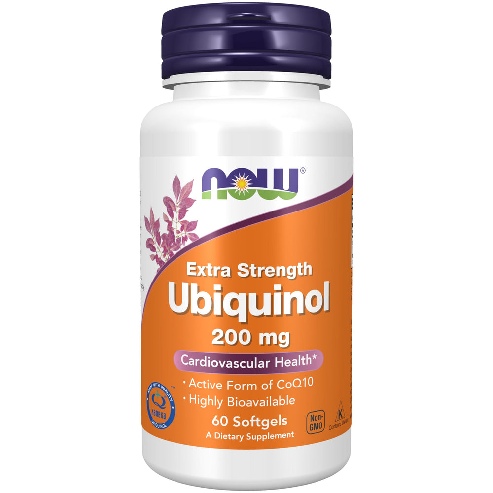 NOW Foods Ubiquinol 200 mg softgels bottle on a clean surface for daily energy support.