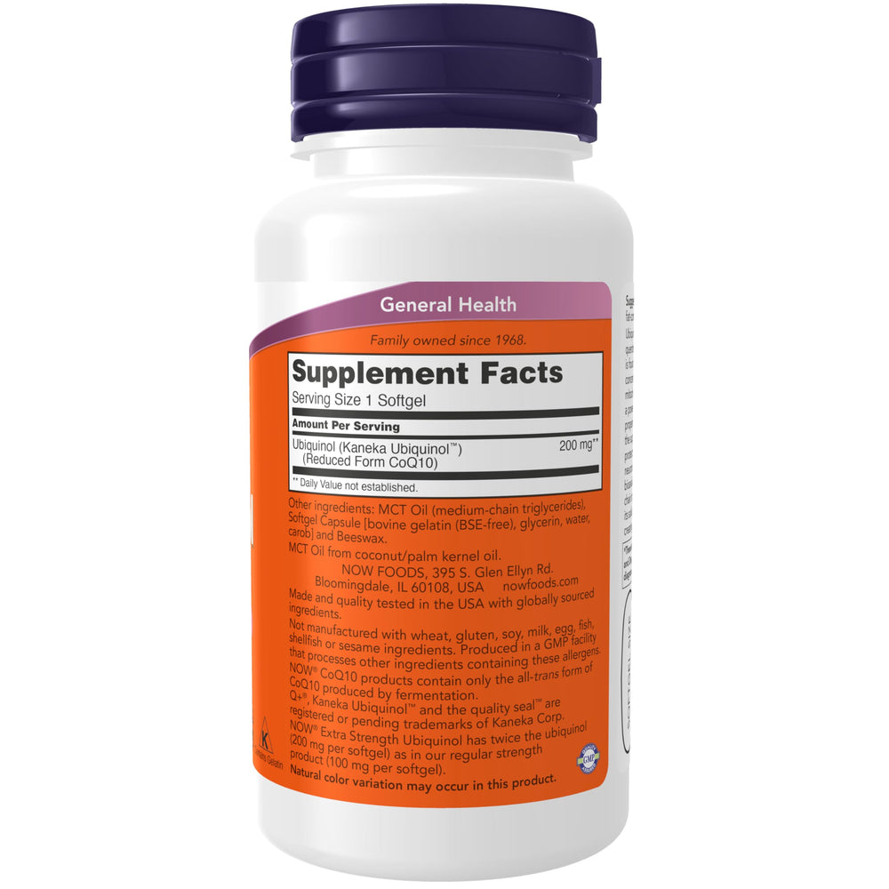 Close-up of NOW Foods Ubiquinol 200 mg softgel capsules suitable for daily vitality.