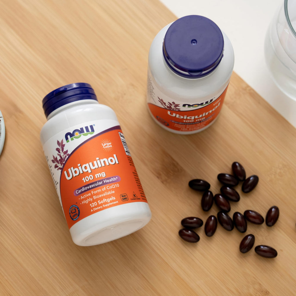 NOW Foods ubiquinol bottle with heart-healthy lifestyle imagery
