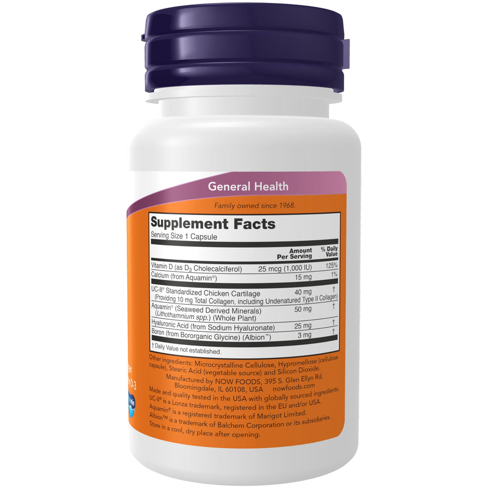 Close-up of NOW Foods UC-II capsules highlighting undenatured collagen