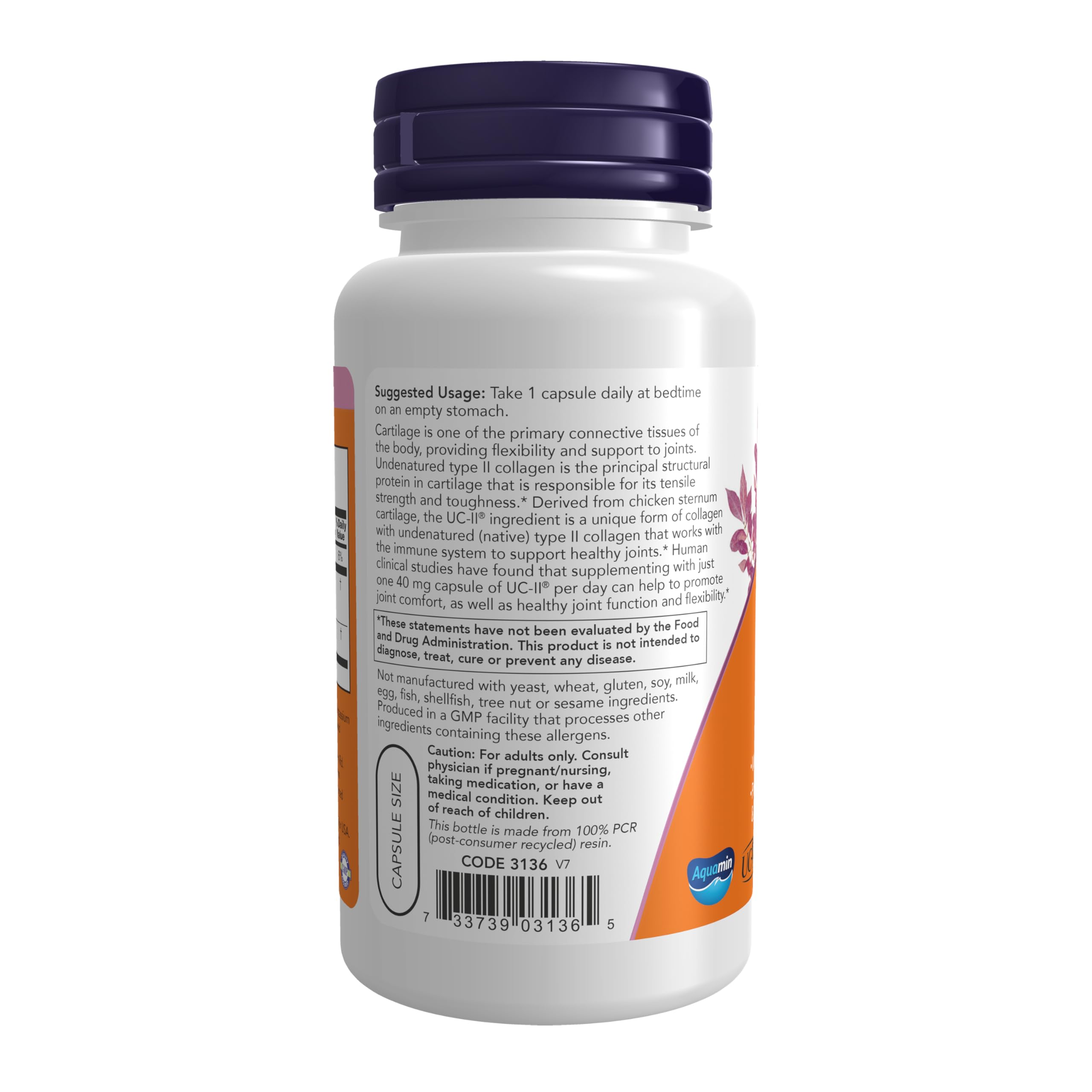 NOW Foods UC-II label closeup emphasizes quality and undenatured Type II collagen.