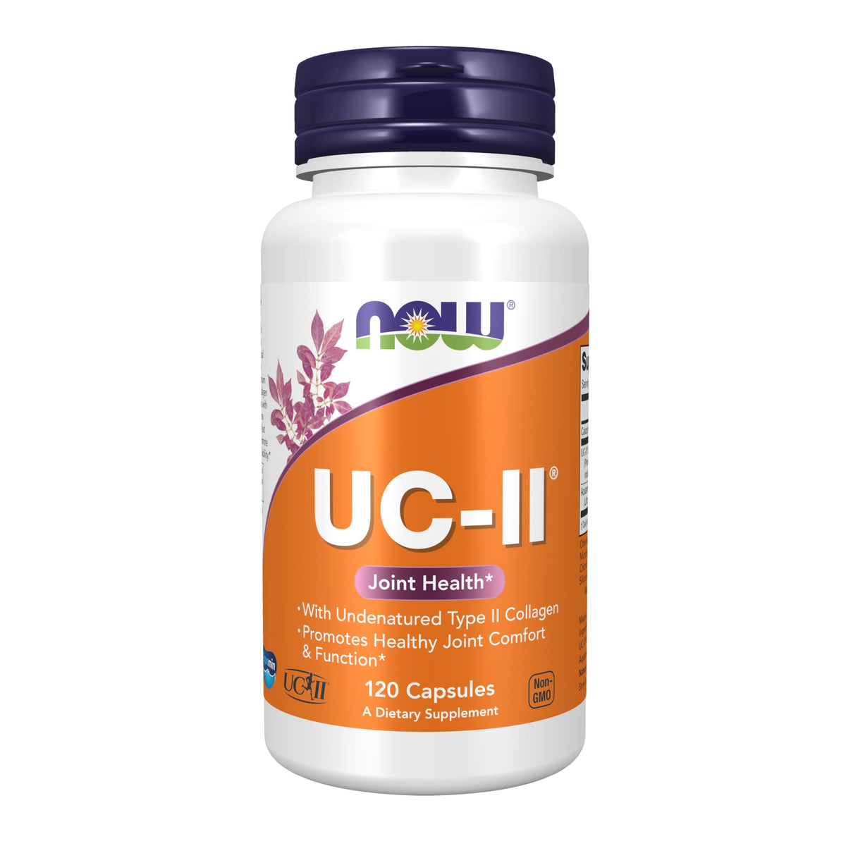 NOW Foods UC-II bottle showing undenatured Type II collagen supports joint comfort and flexible movement.