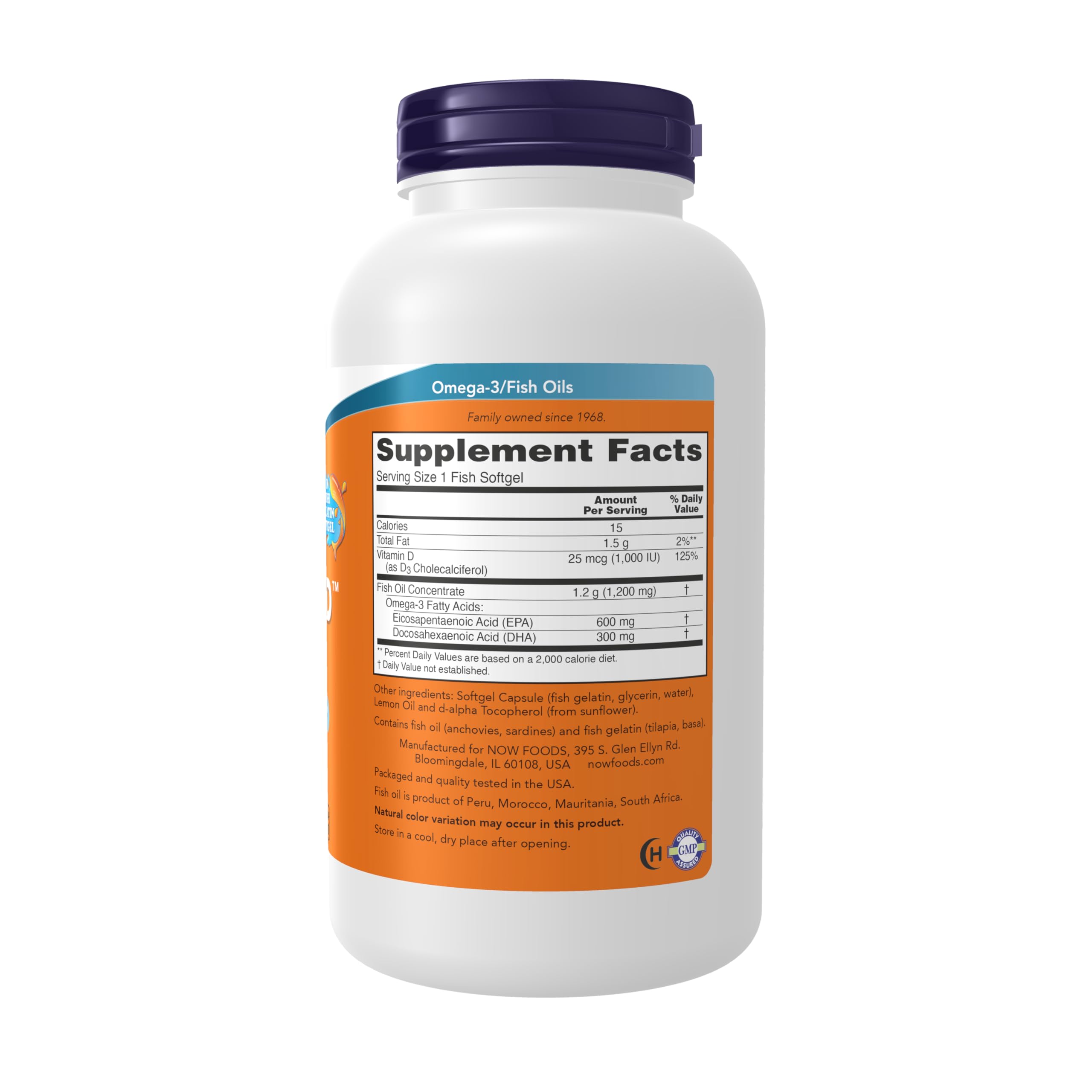 NOW Foods Ultra Omega 3-D softgels closeup showing 600 EPA and 300 DHA.