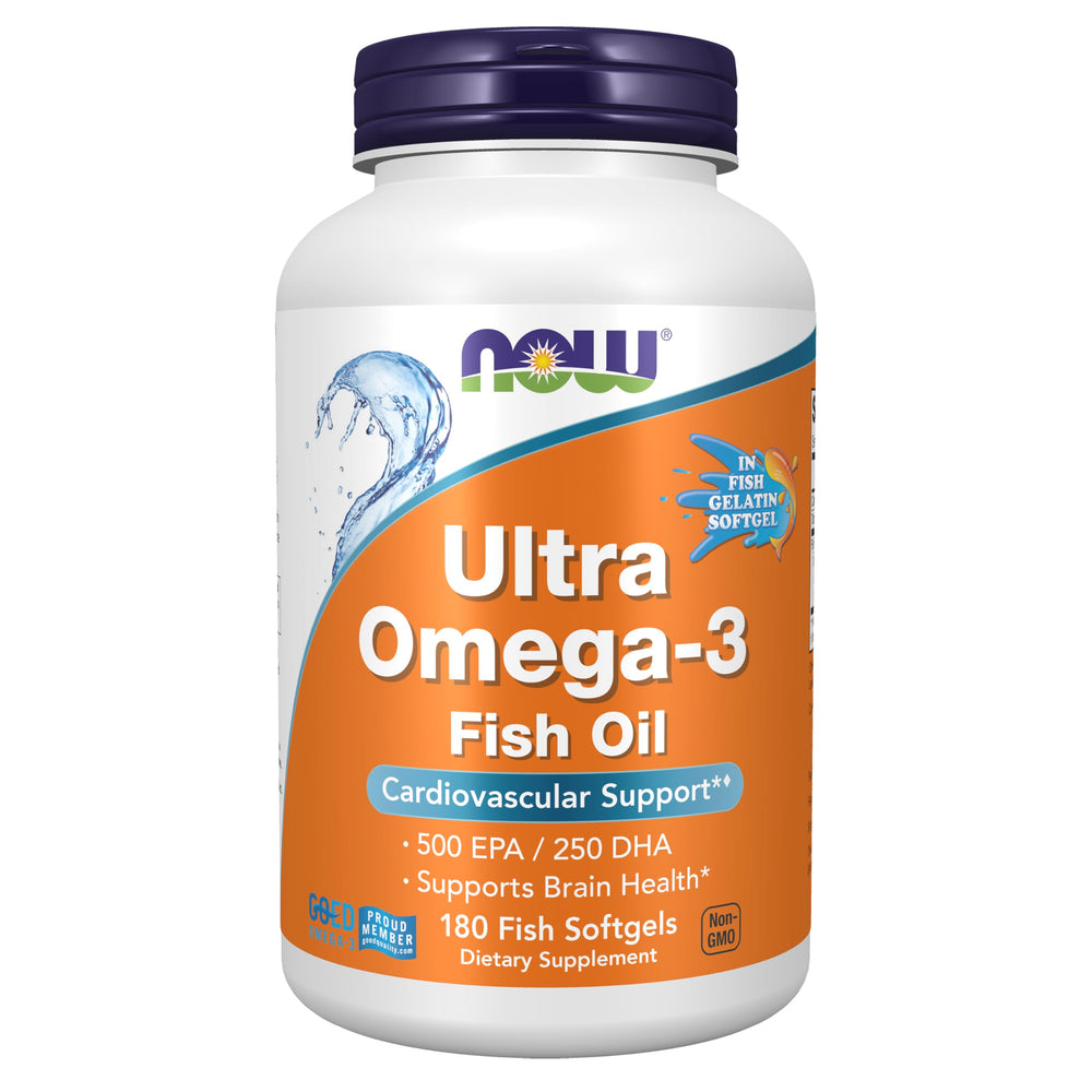 NOW Foods Ultra Omega-3 softgels bottle for daily wellness routine.