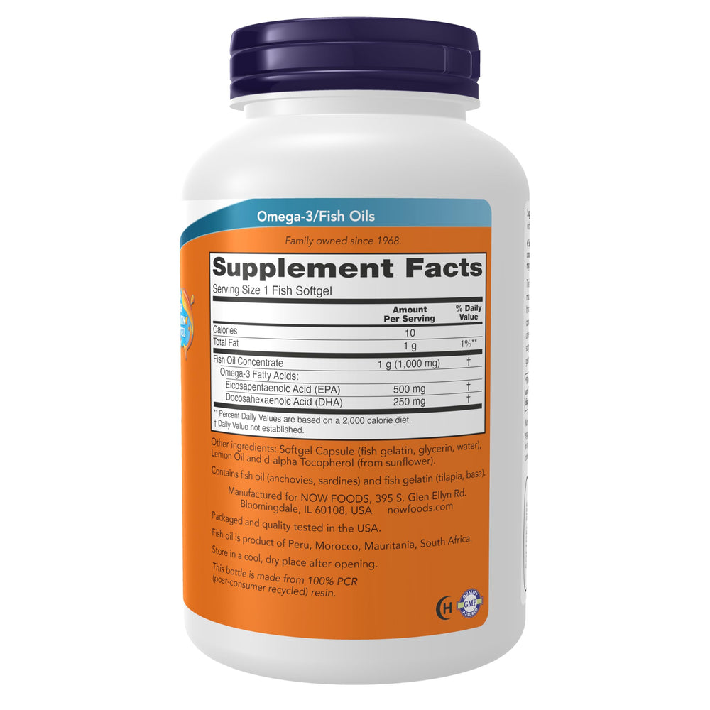 NOW Foods Ultra Omega-3 softgels closeup showing easy-to-swallow capsules.
