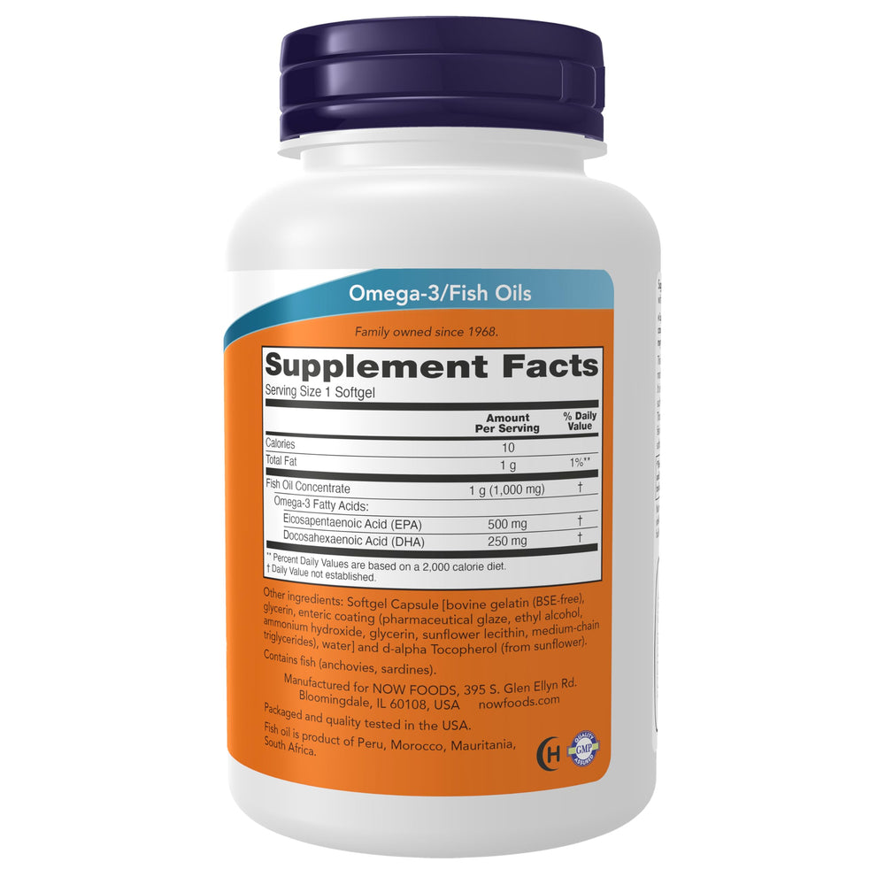 NOW Foods Ultra Omega-3 softgels closeup showing enteric coating for better digestion.