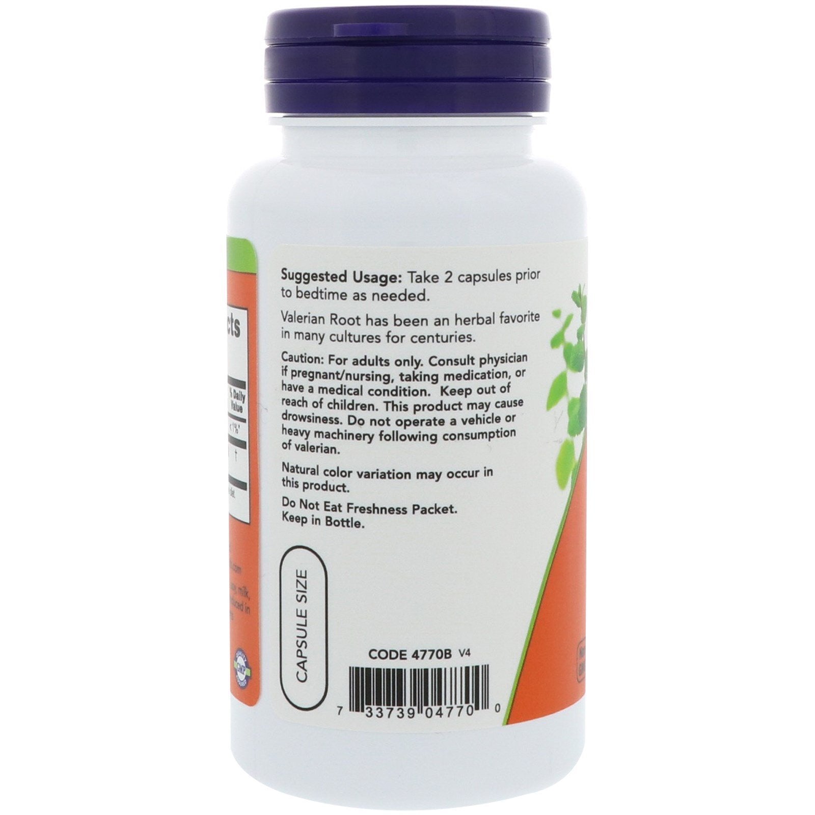 NOW Foods Valerian Root bottle back label, dosage details for daily use.