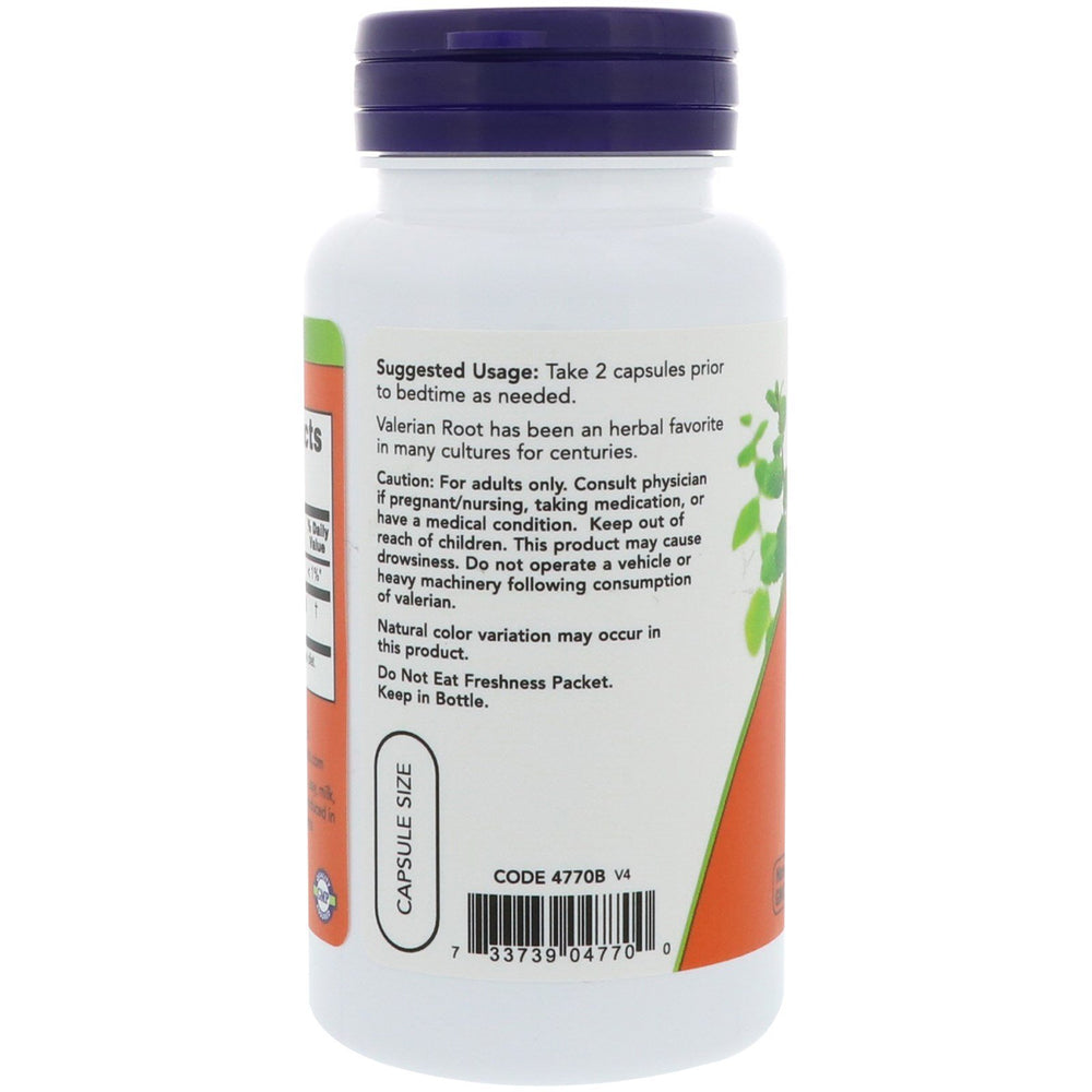 NOW Foods Valerian Root bottle back label, dosage details for daily use.