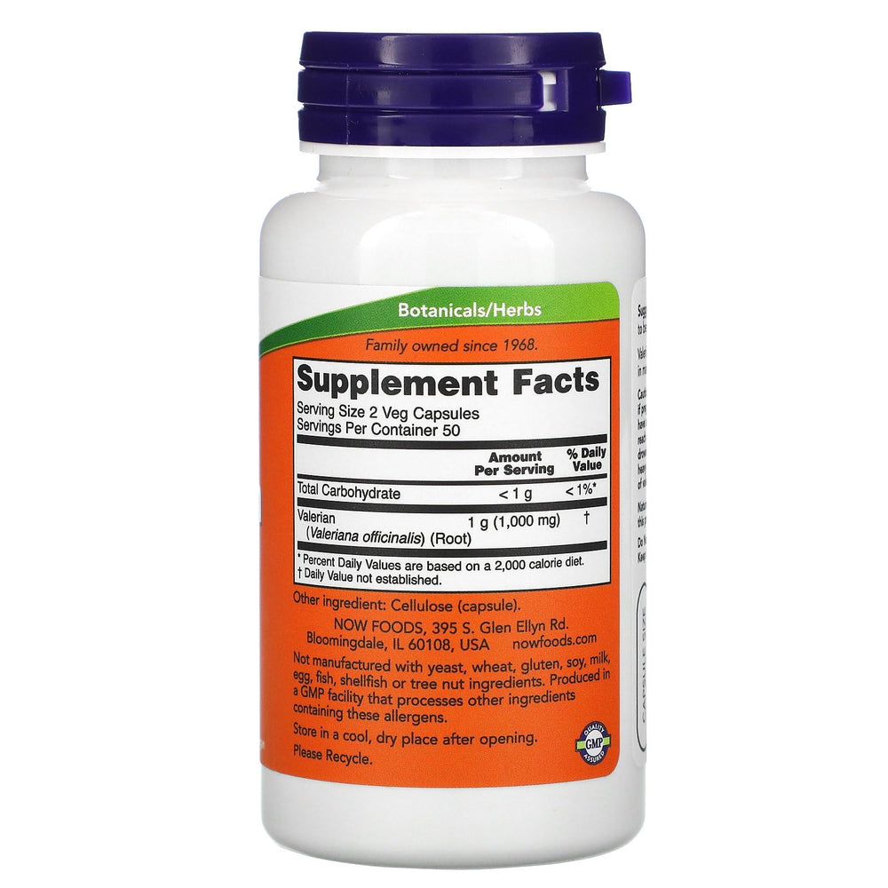 NOW Foods Valerian Root 500mg capsules closeup, convenient nightly supplement option.