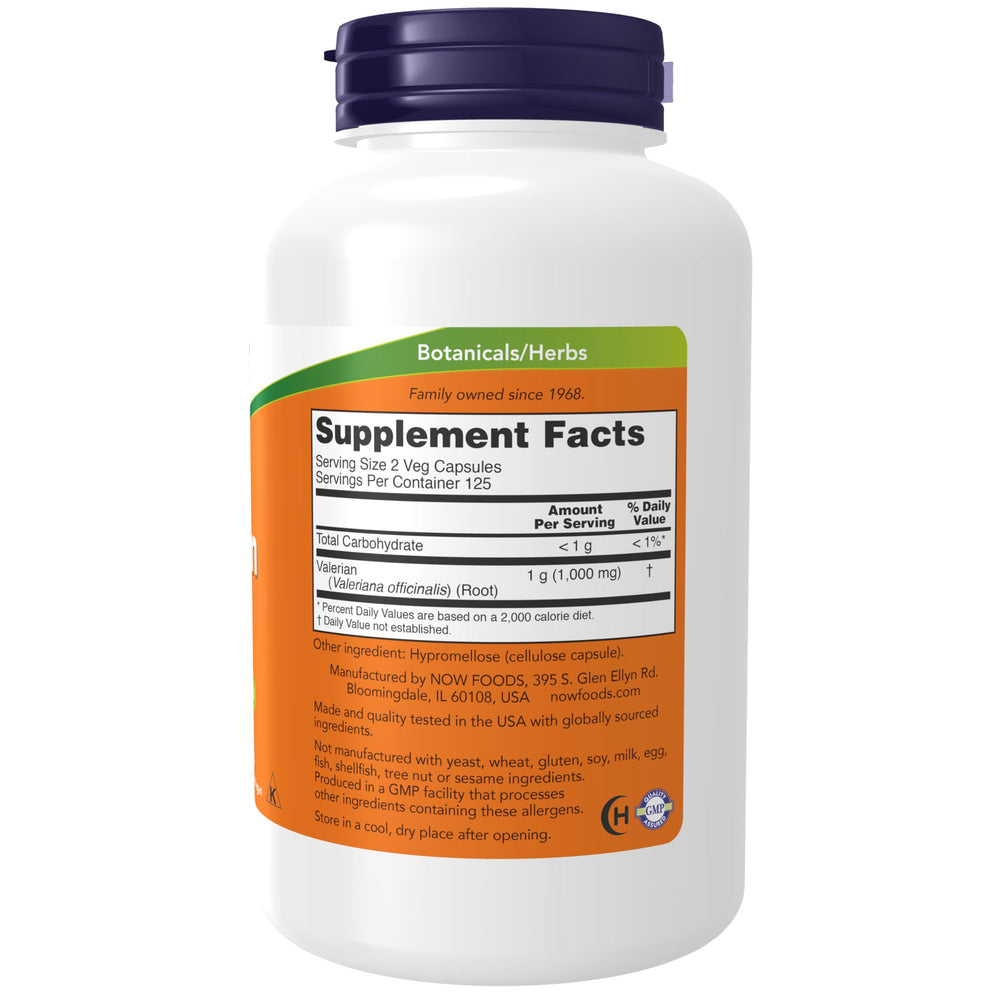 Close-up of NOW Foods Valerian Root vegan capsules ready for use.