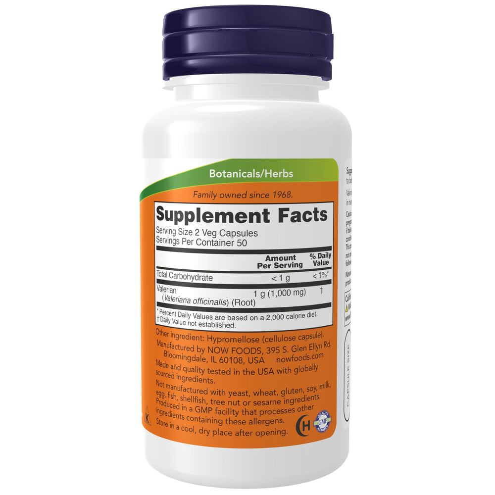 NOW Foods valerian root capsules close-up highlighting vegan supplement.