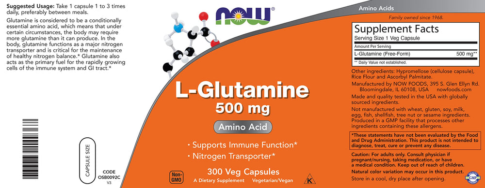 NOW Foods L-Glutamine close-up highlighting free-form amino acid capsules