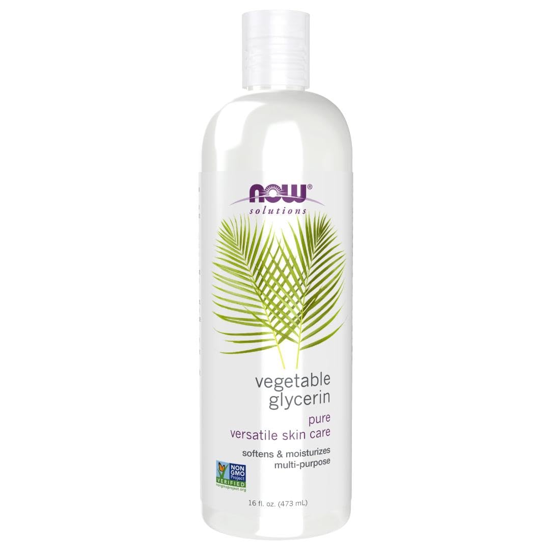 NOW Foods Vegetable Glycerin bottle shows pure moisturizer for skin care.