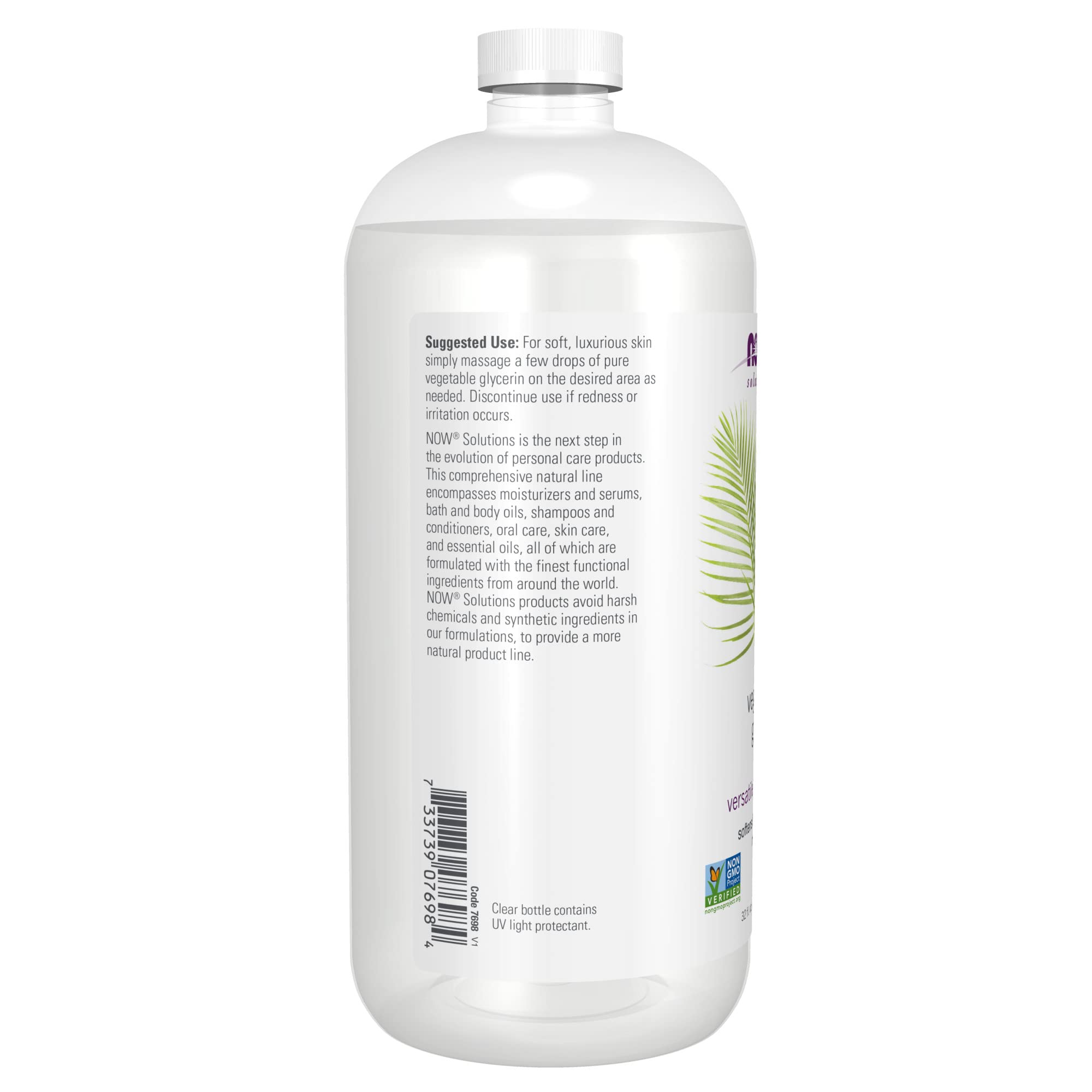 NOW Foods Vegetable Glycerin ingredient label highlights single-ingredient formula.