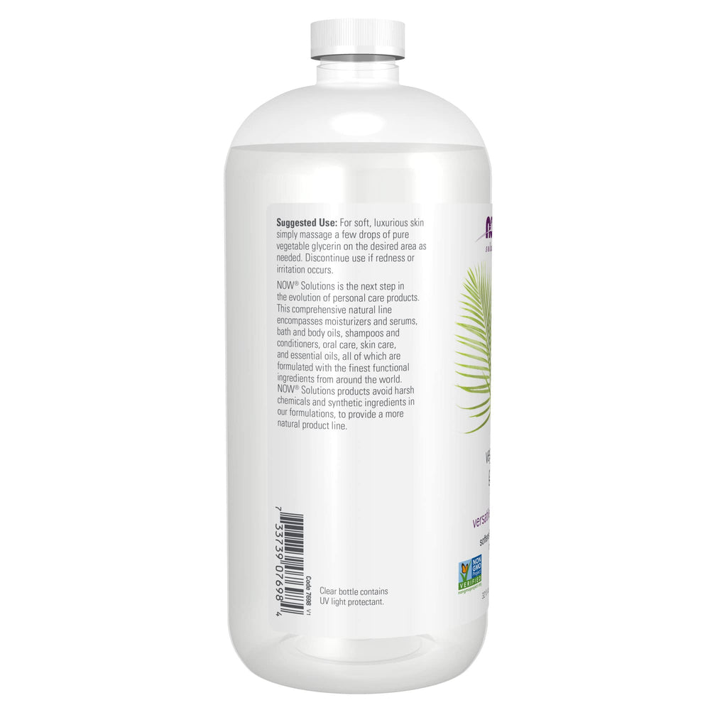 NOW Foods Vegetable Glycerin ingredient label highlights single-ingredient formula.