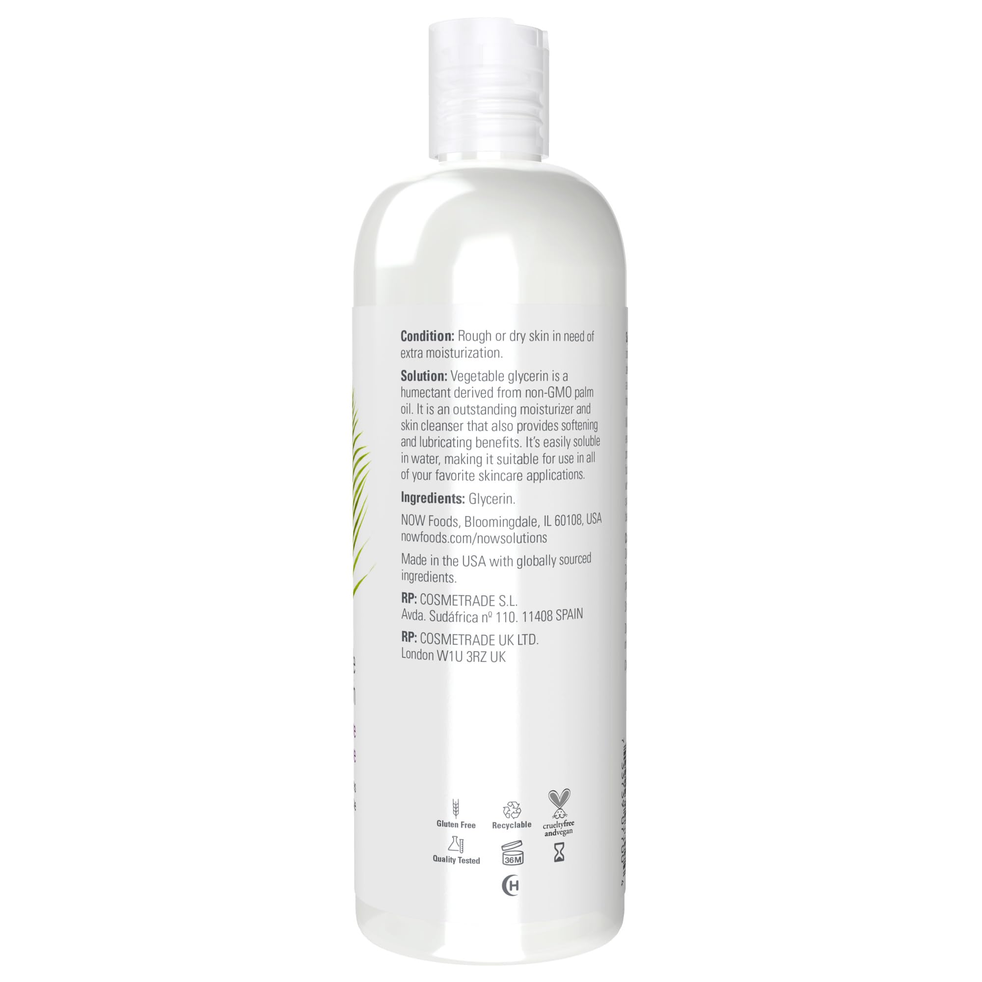 NOW Foods Vegetable Glycerin liquid close-up reveals smooth texture for hydration.