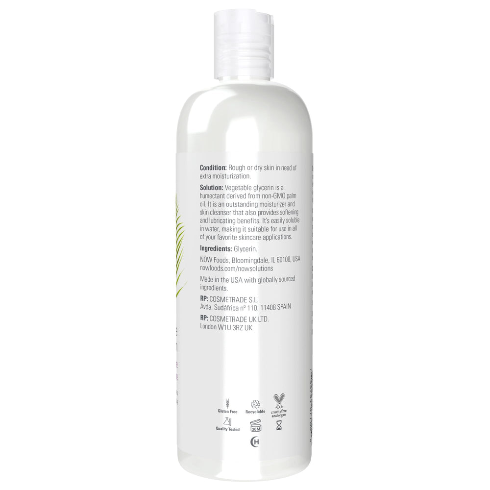 NOW Foods Vegetable Glycerin liquid close-up reveals smooth texture for hydration.