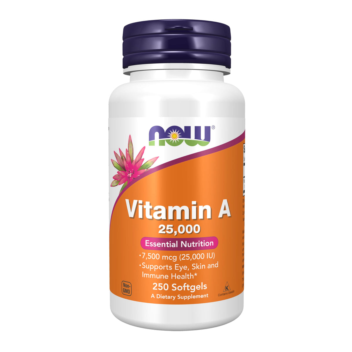 NOW Foods Vitamin A fish liver oil bottle label shows high-potency eye and skin support.