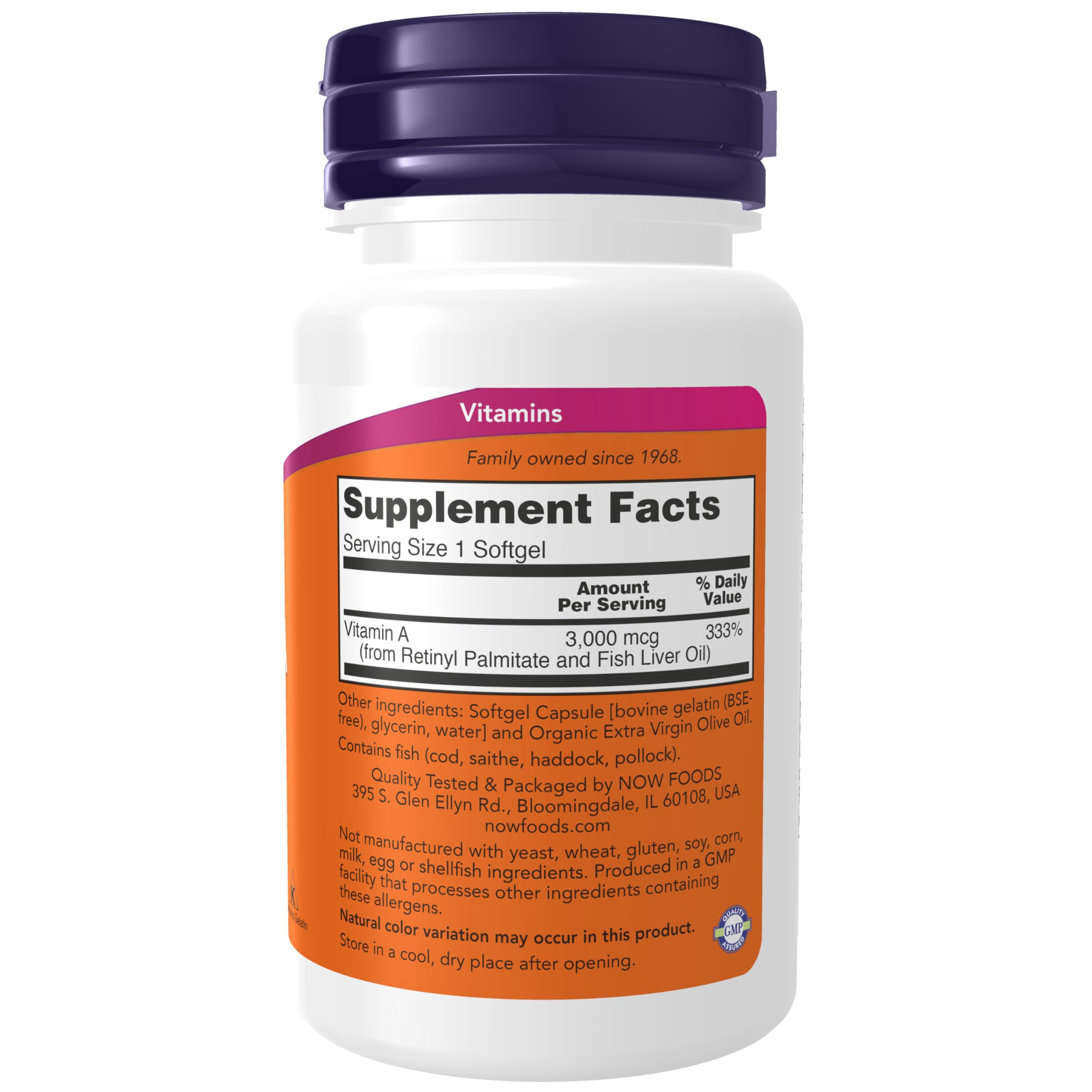 NOW Foods Vitamin A softgel closeup showing capsule quality.