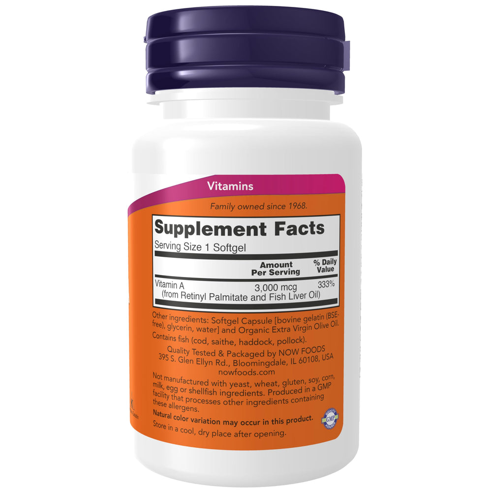 NOW Foods Vitamin A softgel closeup showing capsule quality.