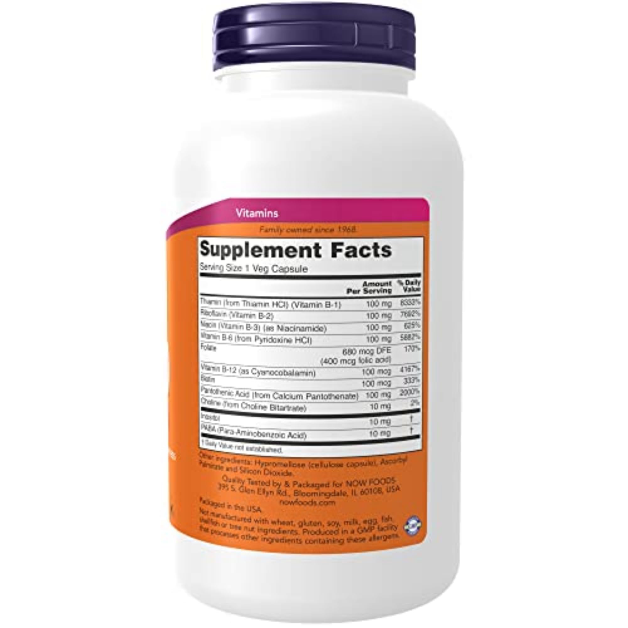 NOW Foods Vitamin B-100 label close-up with folic acid and B-vitamin details