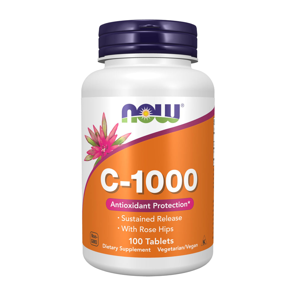 NOW Foods Vitamin C-1000 bottle with rose hips for daily immune support and sustained release.