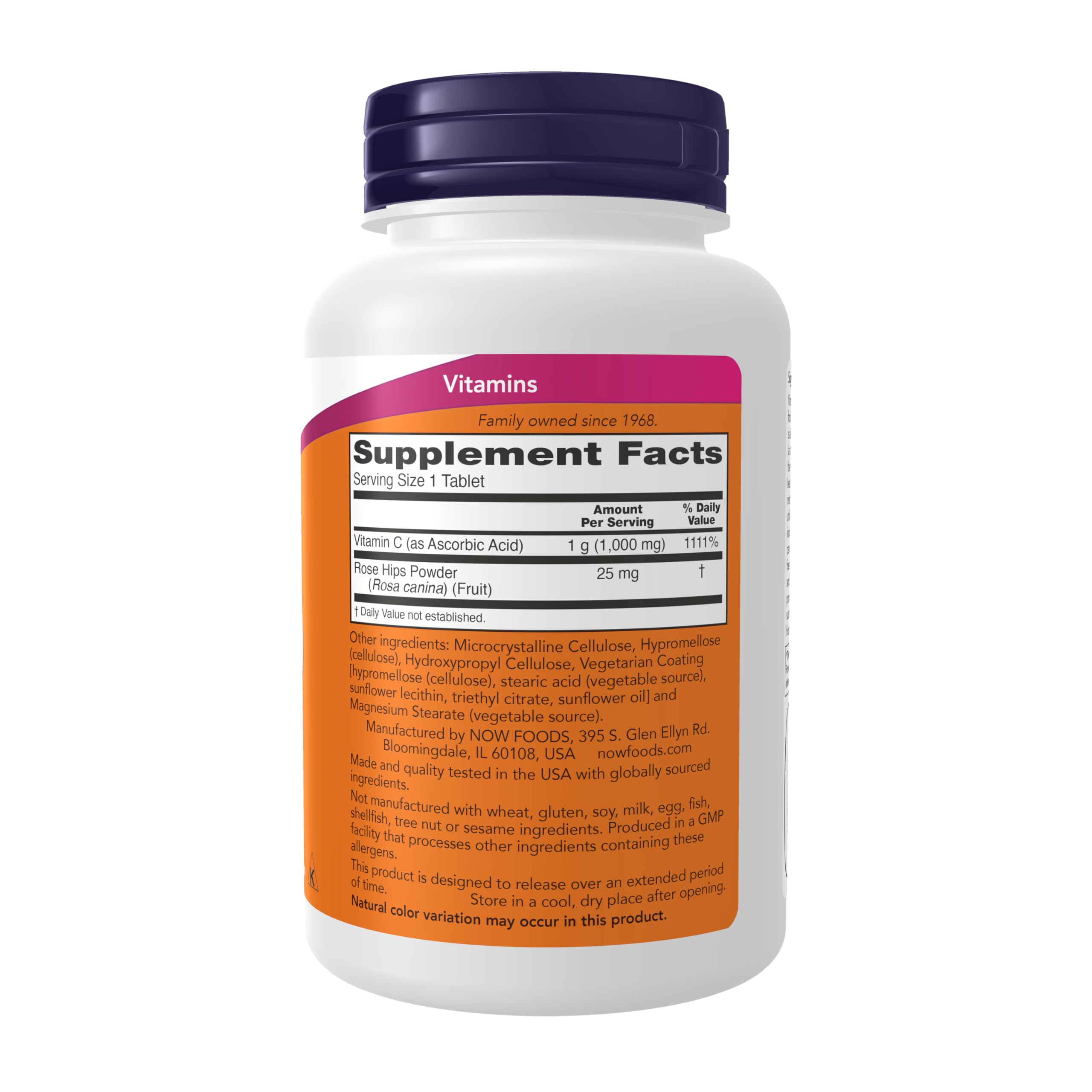 NOW Foods Vitamin C-1000 capsules with rose hips for steady antioxidant delivery.