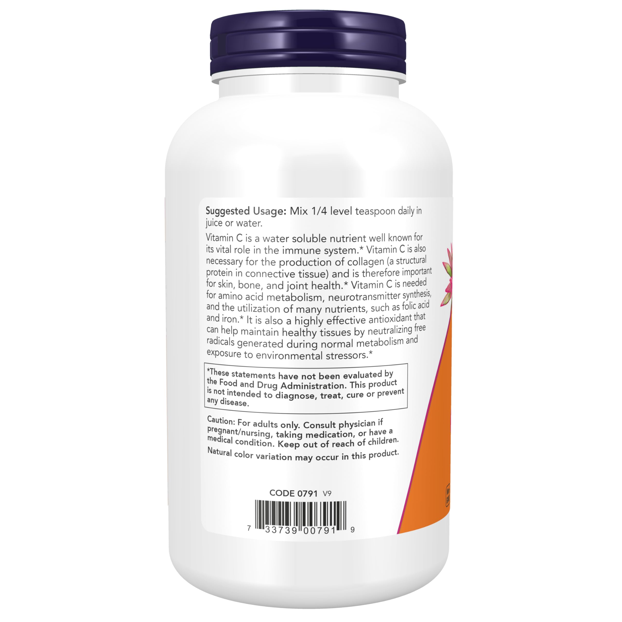NOW Foods Vitamin C crystals label close-up highlighting pharmaceutical-grade powder.