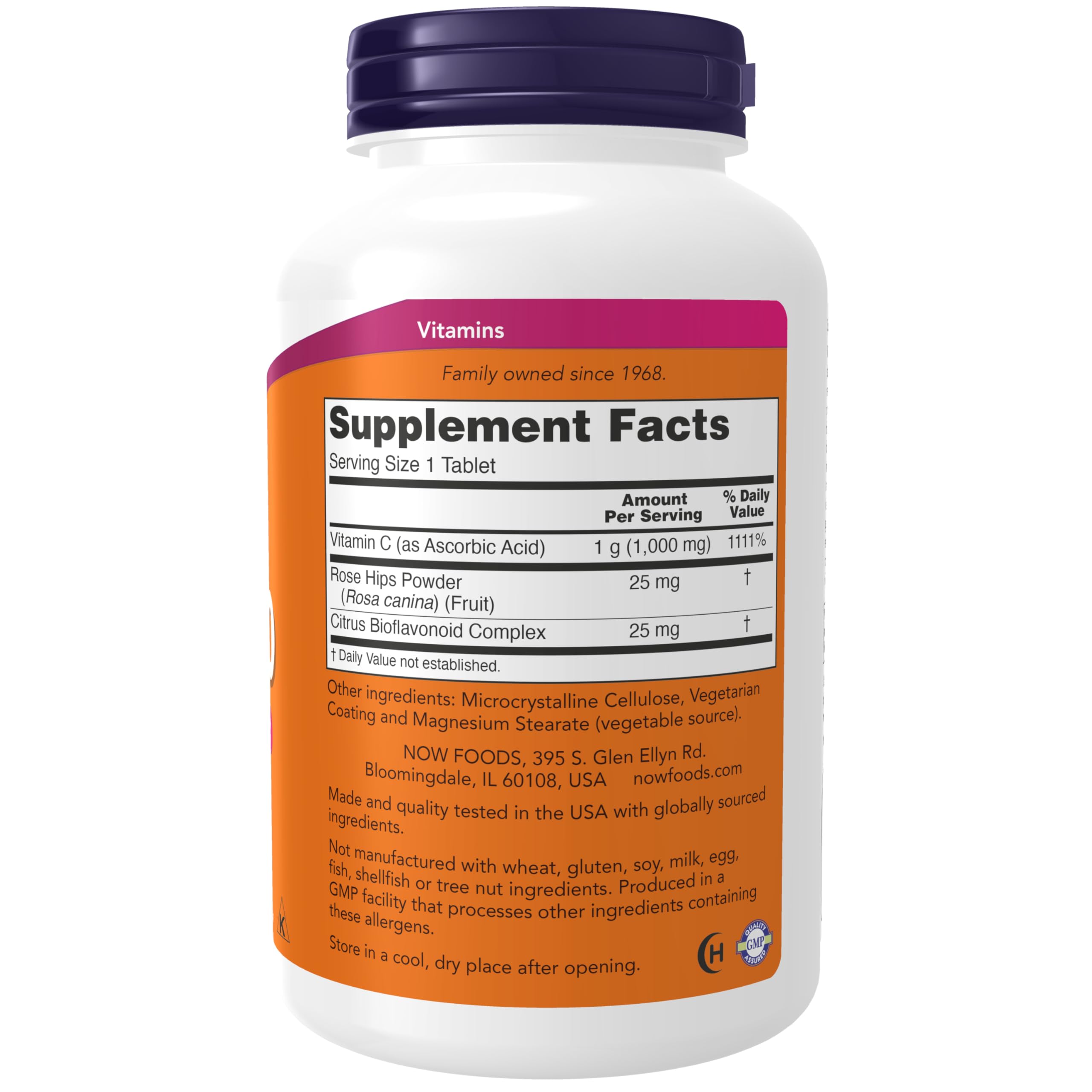 NOW Foods Vitamin C-1000 label closeup showing rose hips and bioflavonoids.