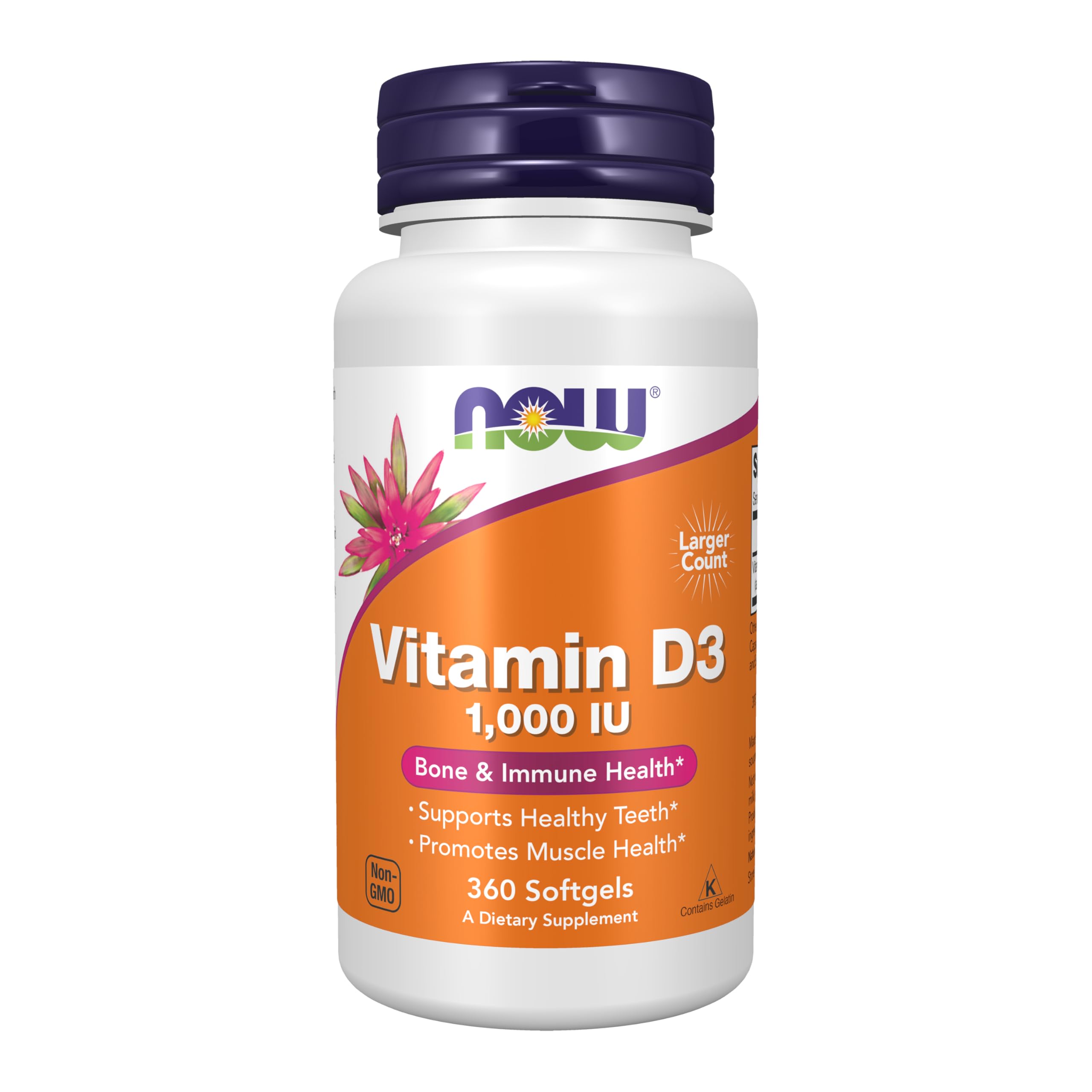 NOW Foods Vitamin D-3 bottle front view for daily immune and bone health.