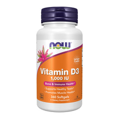 NOW Foods Vitamin D-3 bottle front view for daily immune and bone health.