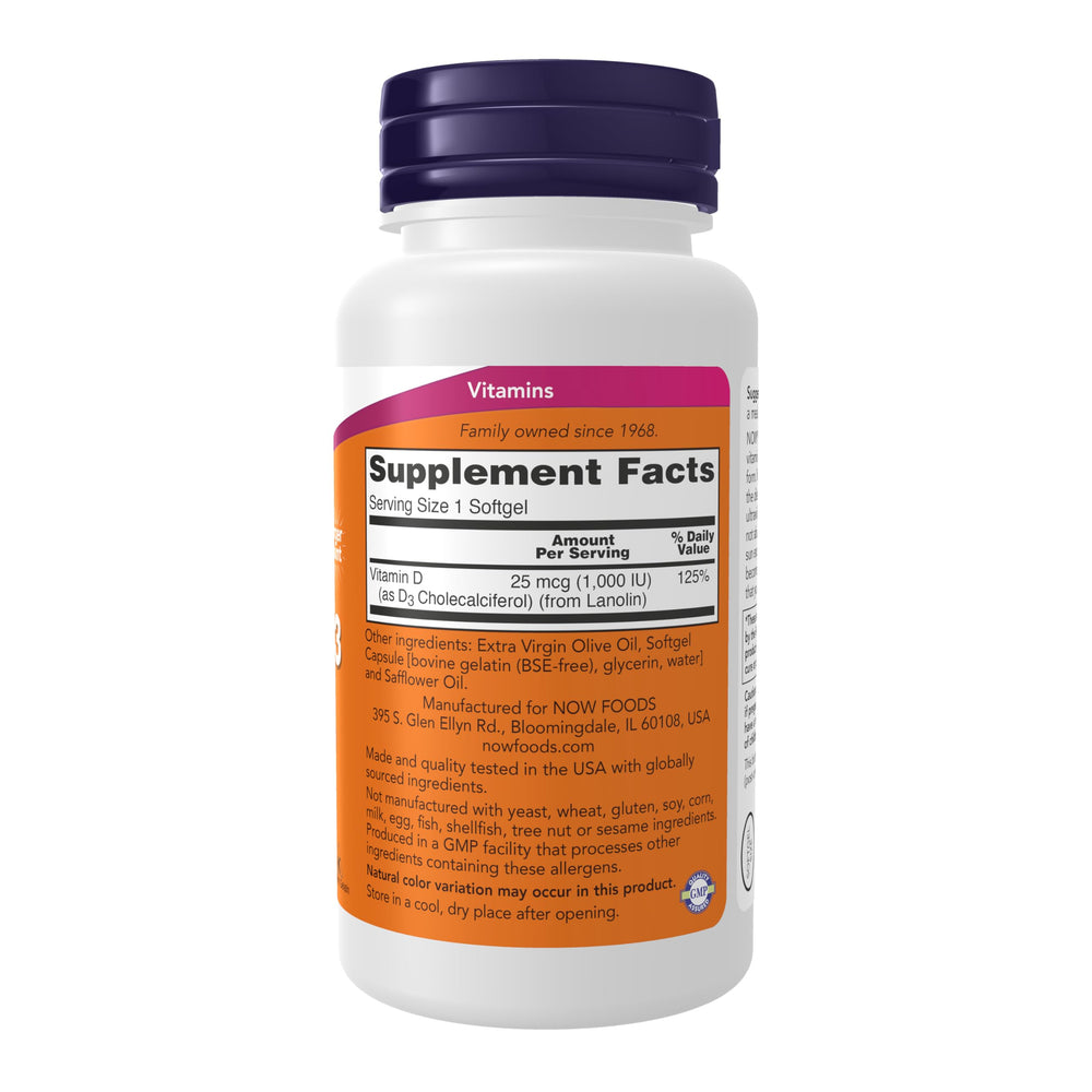 NOW Foods Vitamin D-3 1000 IU bottle side view highlighting high potency softgels.