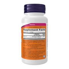 NOW Foods Vitamin D-3 1000 IU bottle side view highlighting high potency softgels.
