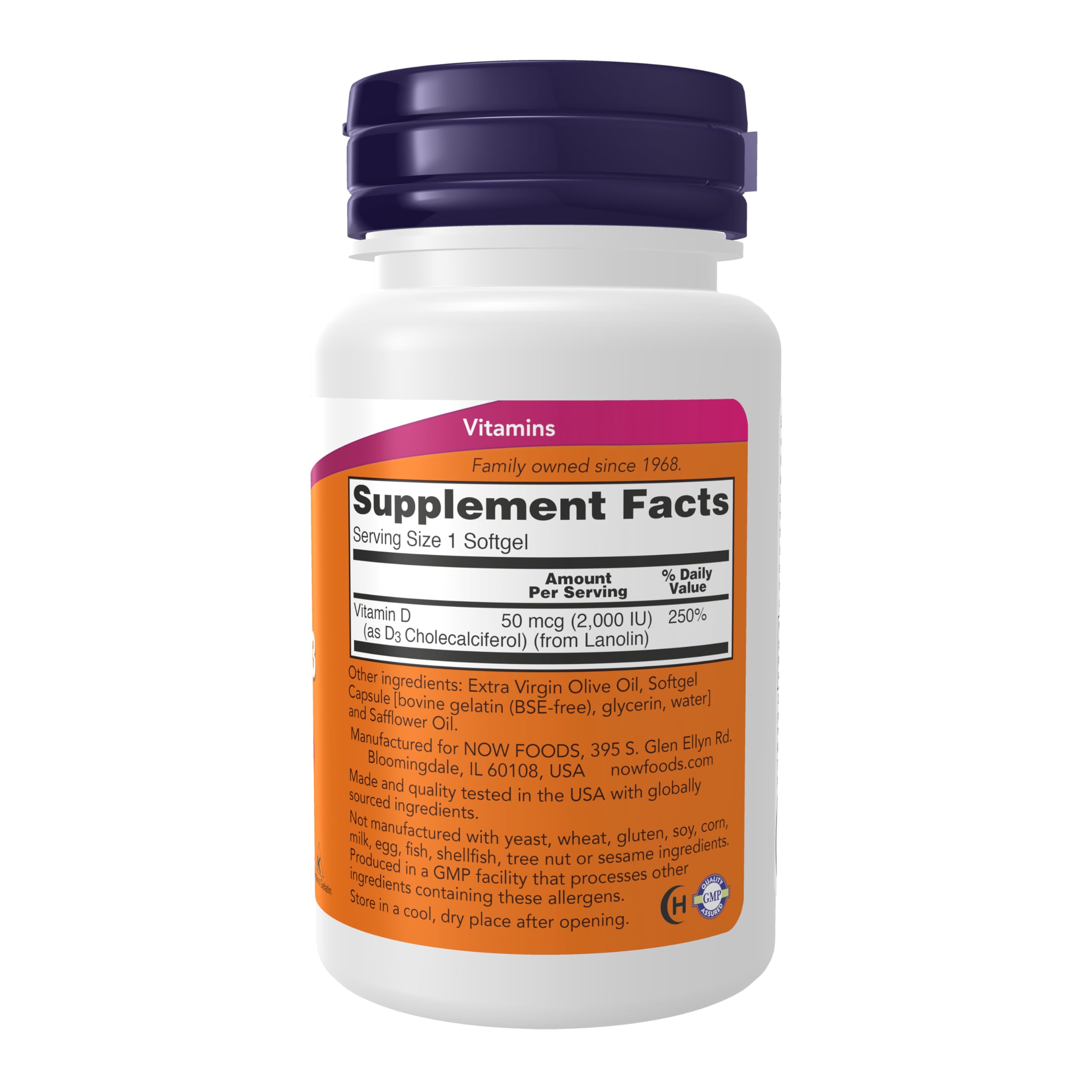 NOW Foods Vitamin D-3 softgels bottle close-up highlighting potency
