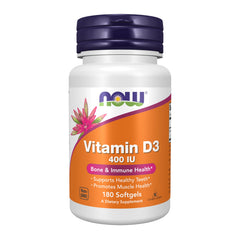 NOW Foods Vitamin D-3 bottle full view supporting bone health.