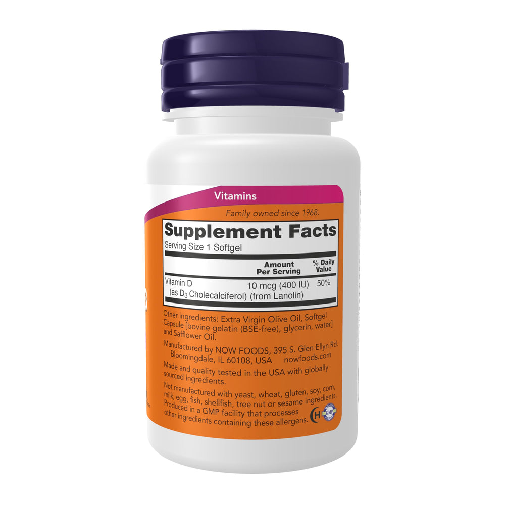 NOW Foods Vitamin D-3 softgels close-up for easy absorption.